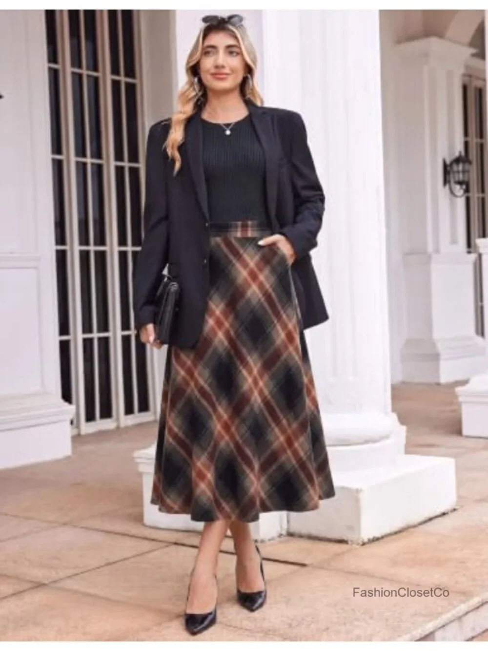 Zeagoo Plaid Wool Skirt High Waisted Midi Skirt with Pockets